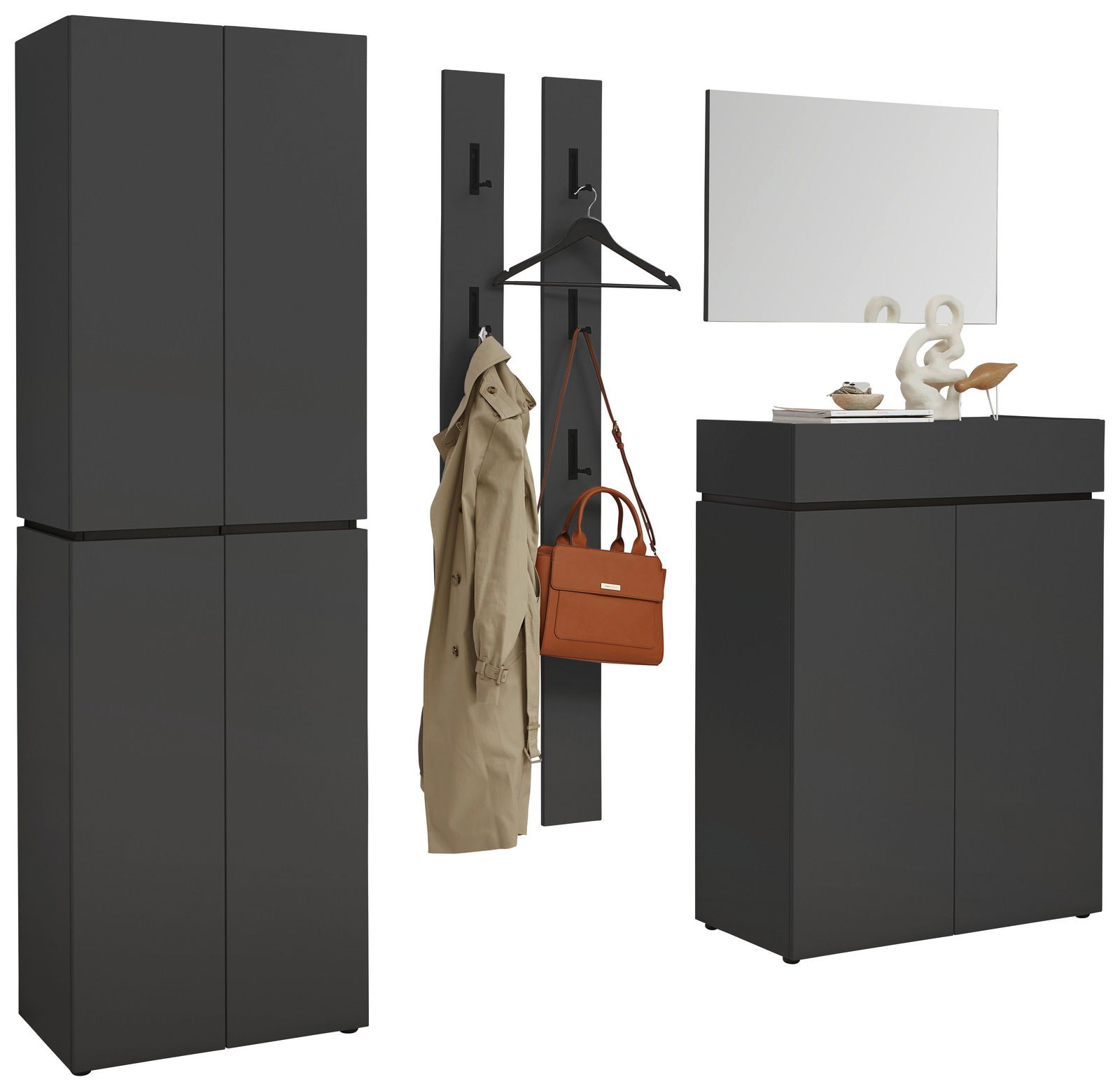 Garderobenschrank-Set in dunklem Design, bestehend aus einem hohen Schrank, zwei Wandpaneelen mit Haken, einem Spiegel und einem niedrigen Schrank, frontal betrachtet.