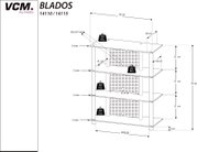 Technische Maßzeichnung des VCM TV-Racks „BLADOS“ (14110/14115) mit vier Glasböden, Lochblech-Rückwänden und Kabeldurchlässen, Maße ca. 59 × 48 × 70 cm, Tragkraft 80 kg je Ebene, Perspektive: leicht schräg von vorn/oben.