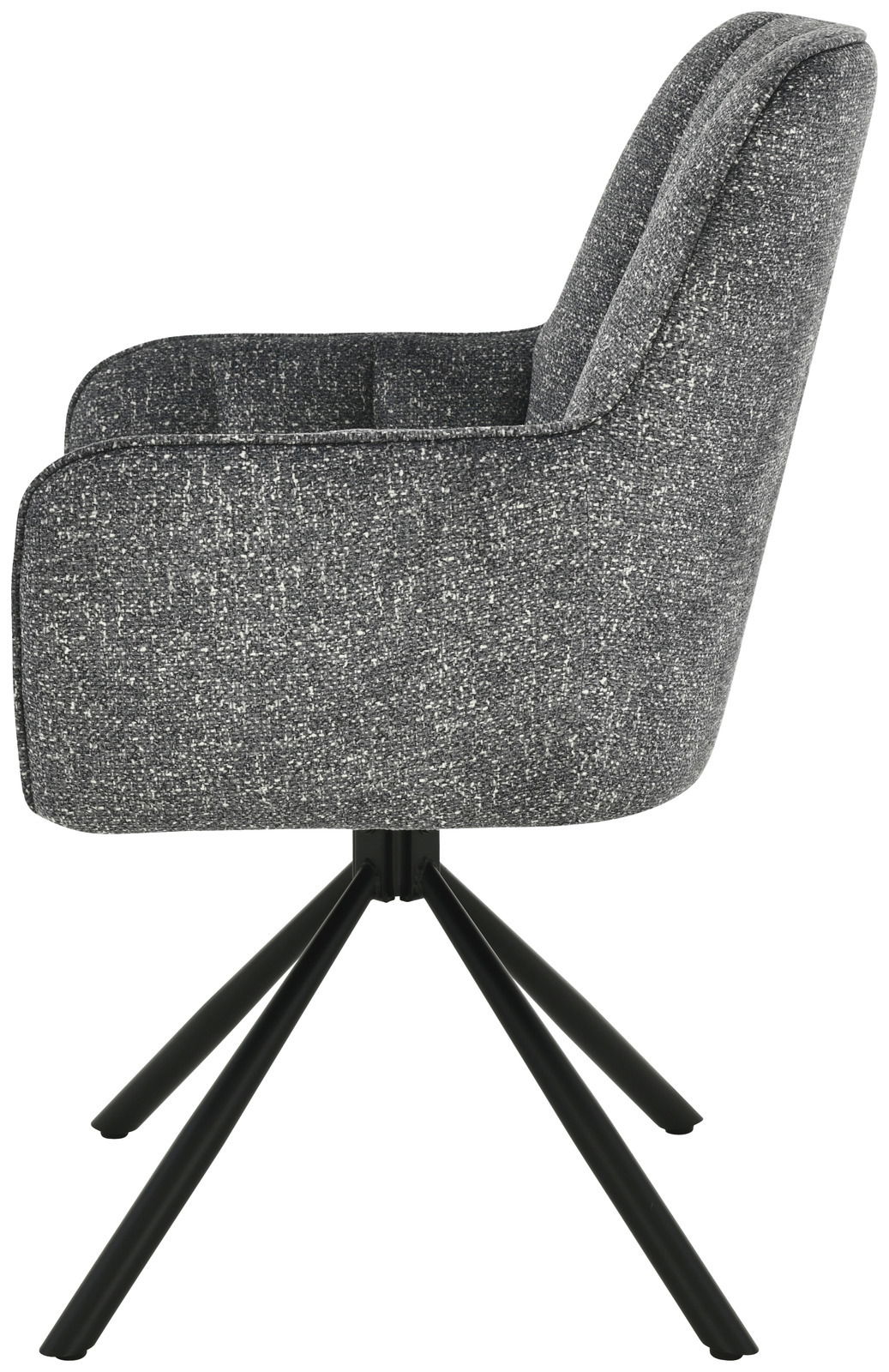 Seitenansicht eines grauen Armlehnstuhls mit schwarzem Metallgestell und vier Beinen.