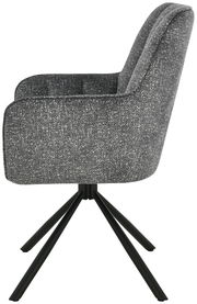 Seitenansicht eines grauen Armlehnstuhls mit schwarzem Metallgestell und vier Beinen.