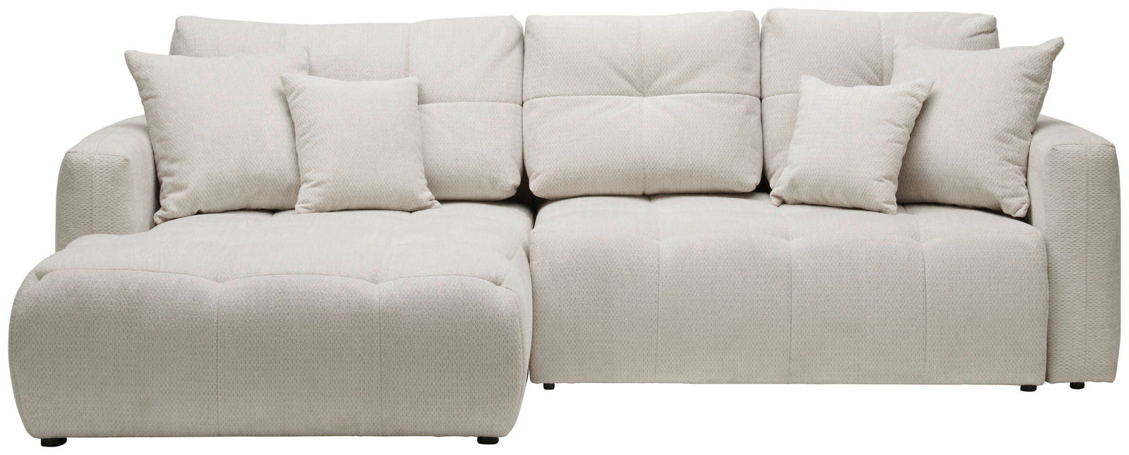 Ecksofa London in Cremefarbe, Vorderansicht mit mehreren Kissen