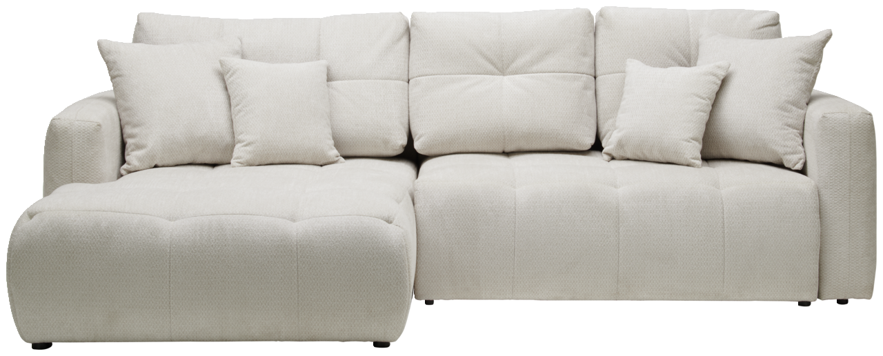 Ecksofa London in Cremefarbe, Vorderansicht mit mehreren Kissen