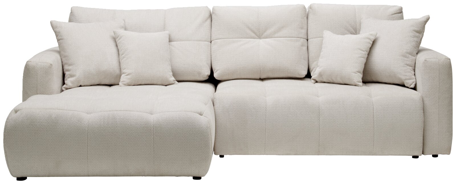 Ecksofa London in Cremefarbe, Vorderansicht mit mehreren Kissen