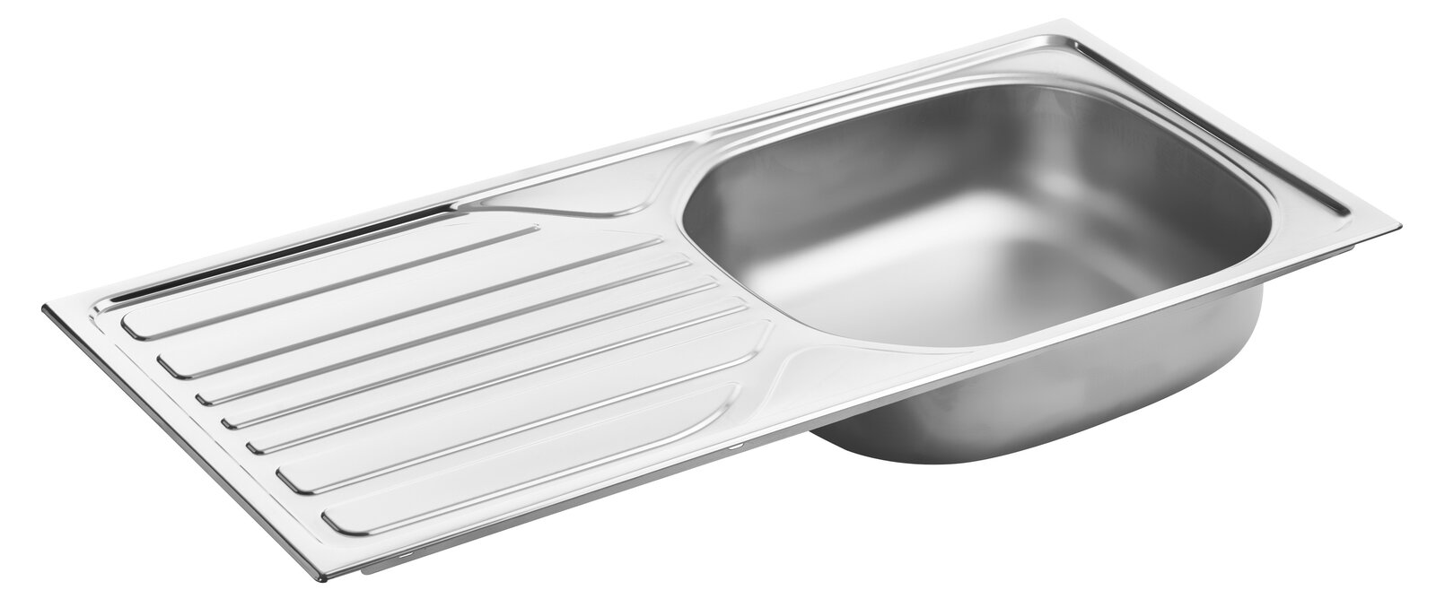 Edelstahlspüle mit Abtropffläche, perspektivisch von oben fotografiert