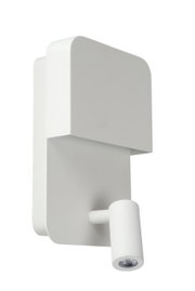 Moderne witte wand- en bedlamp, gezien vanaf de zijkant, met een strak ontwerp.