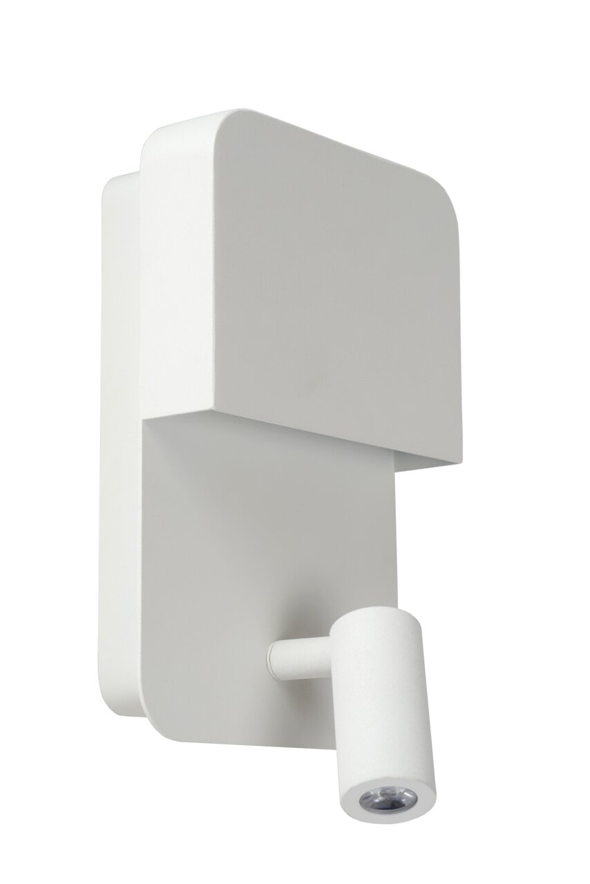 Moderne witte wand- en bedlamp, gezien vanaf de zijkant, met een strak ontwerp.