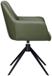 Grüner Armlehnstuhl aus seitlicher Perspektive mit schwarzem Metallgestell