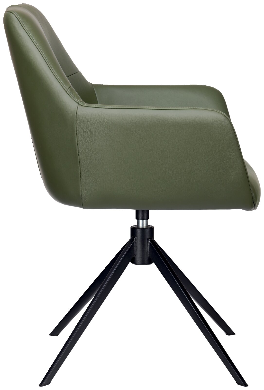 Groene fauteuil gezien vanaf de zijkant, met een zwart metalen frame