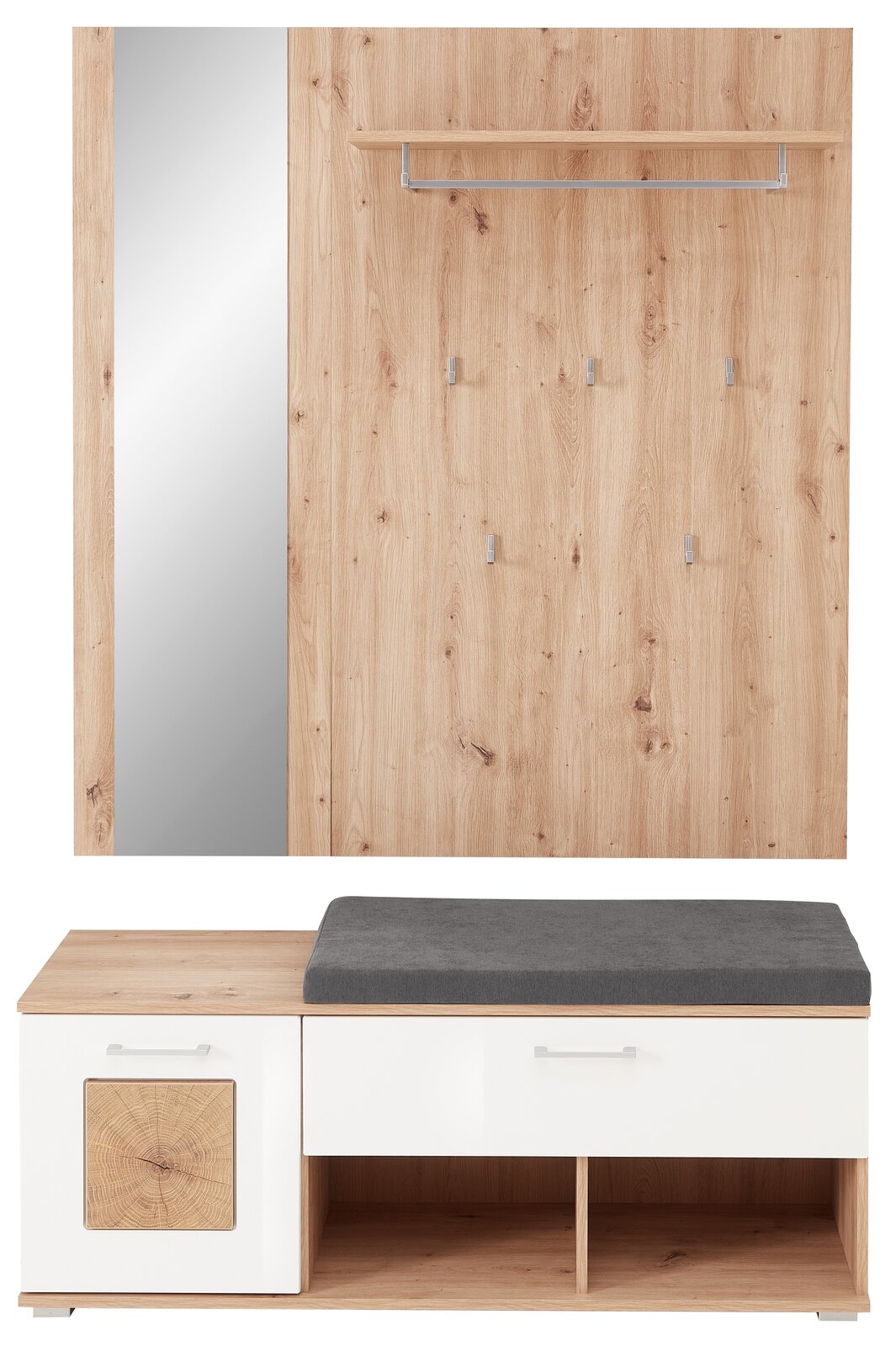 Kompaktgarderobe aus Holz mit Spiegel, Kleiderhaken und Sitzbank, Frontalansicht