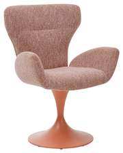 Moderner Armlehnstuhl mit rosa Stoffbezug und drehbarem Fuß, seitliche Perspektive