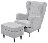 Grauer Ohrensessel mit passendem Hocker, Vorderansicht
