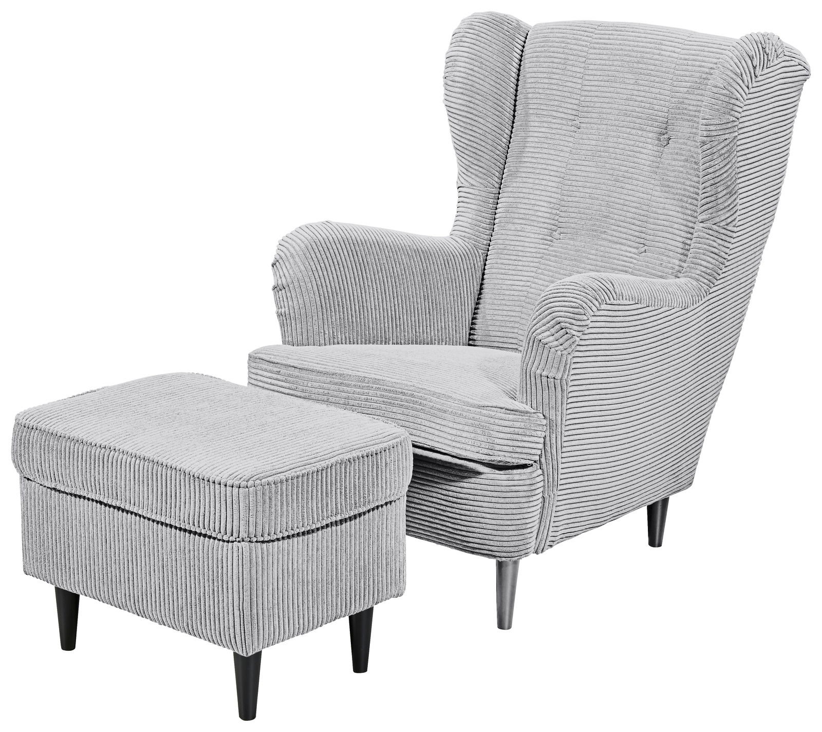 Grauer Ohrensessel mit passendem Hocker, Vorderansicht