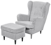 Grauer Ohrensessel mit passendem Hocker, Vorderansicht