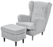 Grauer Ohrensessel mit passendem Hocker, Vorderansicht