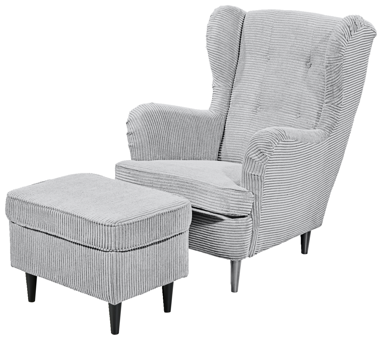 Grauer Ohrensessel mit passendem Hocker, Vorderansicht