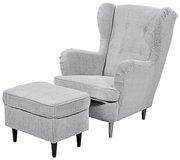 Grauer Ohrensessel mit passendem Hocker, Vorderansicht