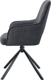 Gepolsterter Armlehnstuhl mit dunkelgrauem Stoffbezug und schwarzem Metall-Drehkreuzgestell, Seitenansicht von links