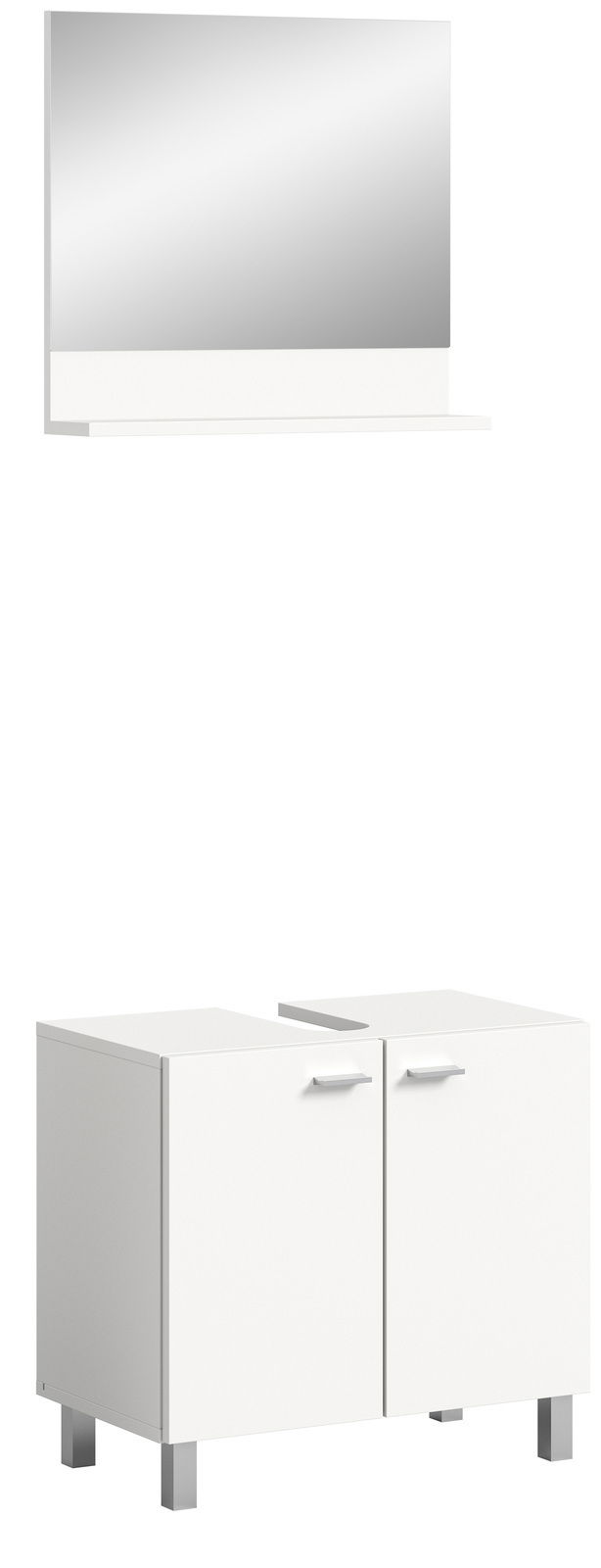 Weiße Badkombination bestehend aus einem rechteckigen Spiegel und einem Unterschrank mit zwei Türen, frontal betrachtet.