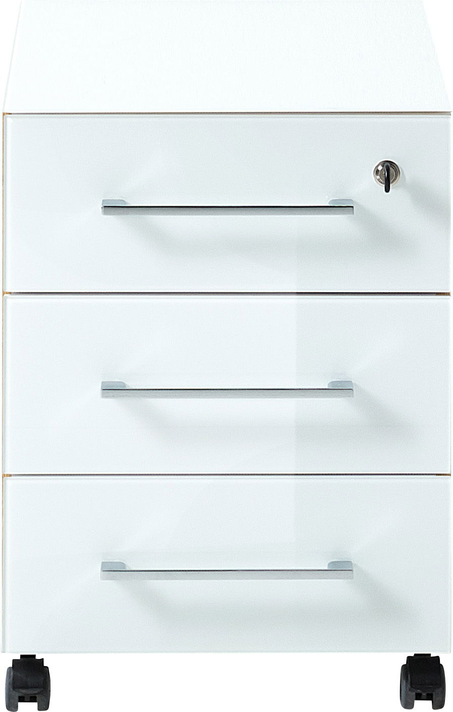 Weißer Rollcontainer mit drei Schubladen und Schloss, frontal betrachtet