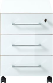 Weißer Rollcontainer mit drei Schubladen und Schloss, frontal betrachtet