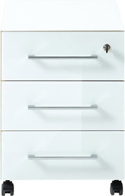 Weißer Rollcontainer mit drei Schubladen und Schloss, frontal betrachtet