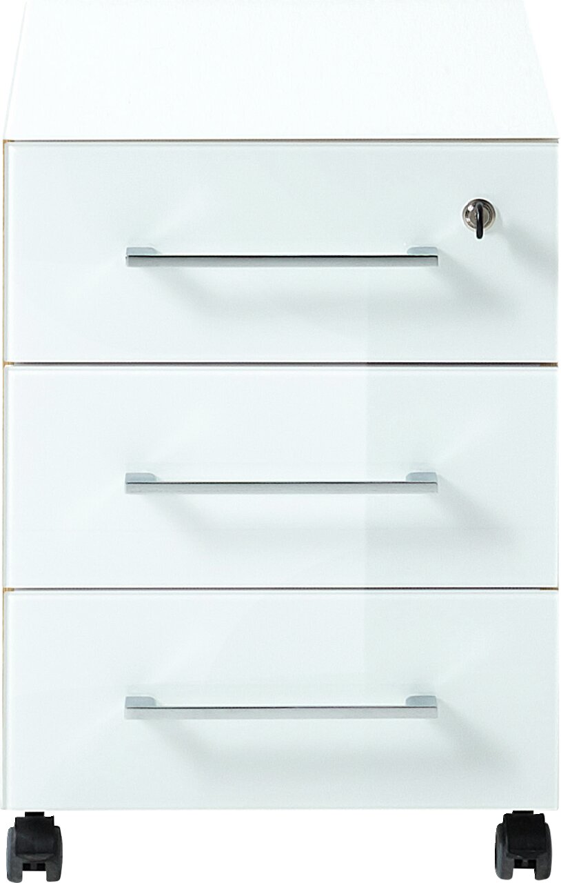 Weißer Rollcontainer mit drei Schubladen und Schloss, frontal betrachtet