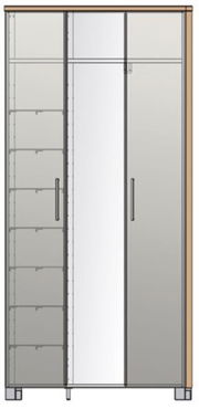 Frontansicht eines XL-Dielenschranks mit zwei Türen, einer Spiegeltür und mehreren Regalböden auf der linken Seite.