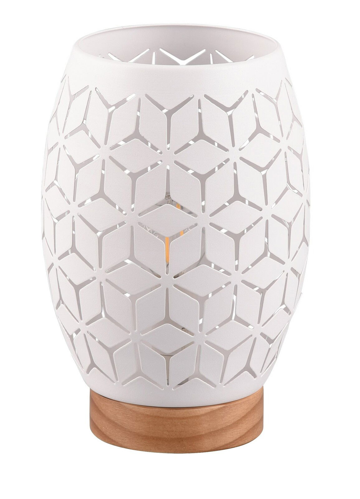 Moderne Tischleuchte mit geometrischem Muster und Holzsockel, seitliche Perspektive