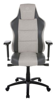 Frontansicht eines grauen Gaming-Stuhls mit verstellbaren Armlehnen und einem stabilen schwarzen Fußkreuz.