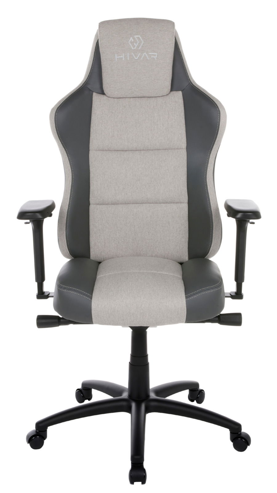 Frontansicht eines grauen Gaming-Stuhls mit verstellbaren Armlehnen und einem stabilen schwarzen Fußkreuz.