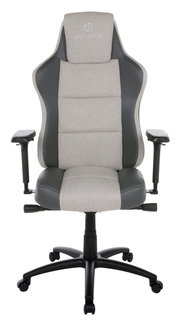 Frontansicht eines grauen Gaming-Stuhls mit verstellbaren Armlehnen und einem stabilen schwarzen Fußkreuz.