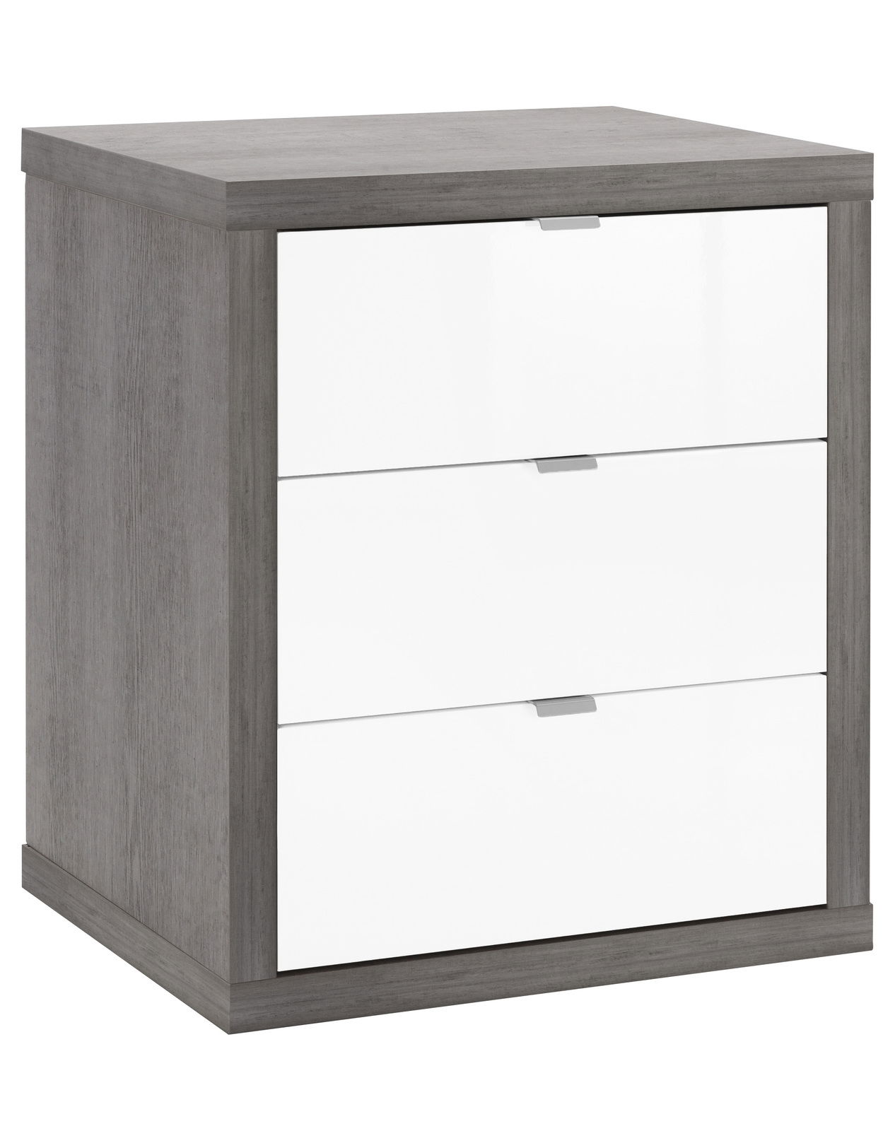 XORA Rollcontainer PUNTO Rollcontainer mit drei weißen Schubladen und grauem Holzrahmen, perspektivisch von vorne links fotografiert.