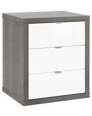 Rollcontainer mit drei weißen Schubladen und grauem Holzrahmen, perspektivisch von vorne links fotografiert.