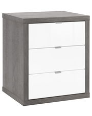 Rollcontainer mit drei weißen Schubladen und grauem Holzrahmen, perspektivisch von vorne links fotografiert.