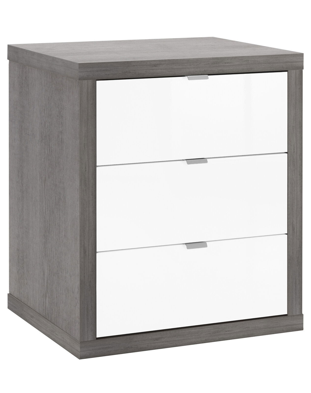 XORA Rollcontainer PUNTO Rollcontainer mit drei weißen Schubladen und grauem Holzrahmen, perspektivisch von vorne links fotografiert.