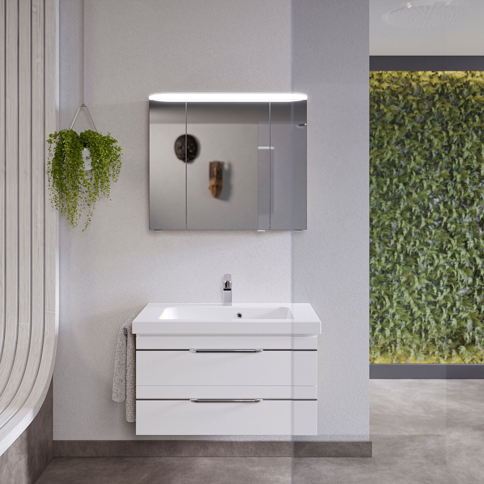 Moderner Badblock mit weißem Waschbecken und Spiegelschrank, frontale Ansicht, mit hängender Pflanze und grüner Wand im Hintergrund.