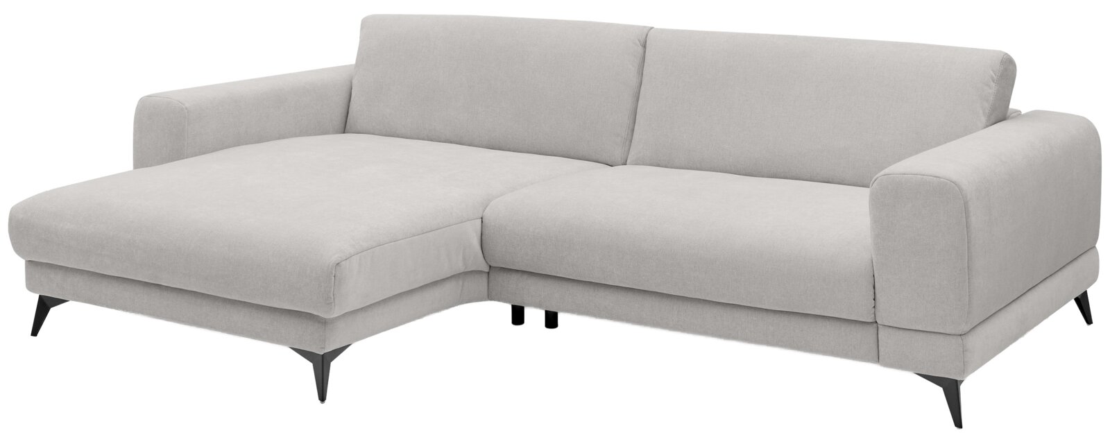 Set one by Musterring Ecksofa SET ONE MIDLAND Hellgraues L-förmiges Ecksofa mit Ottomane links, breiten Armlehnen und schwarzen konischen Füßen, freigestellt auf weißem Hintergrund, Ansicht schräg von vorne