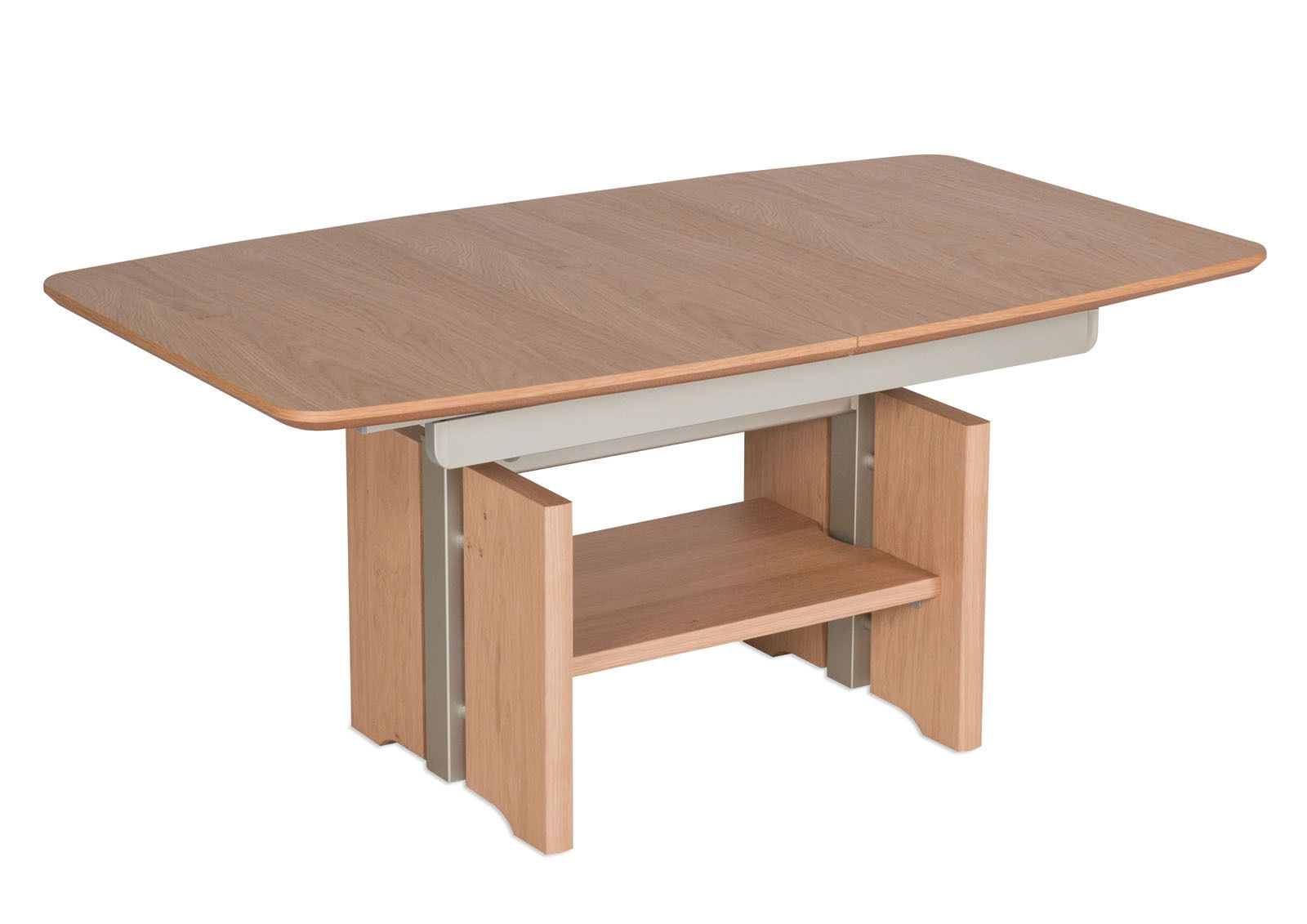 Moderner Couchtisch aus Holz mit rechteckiger Tischplatte und zusätzlicher Ablage, seitliche Perspektive