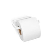 Moderner Toilettenpapierhalter aus Metall mit einer Rolle Toilettenpapier, seitliche Perspektive