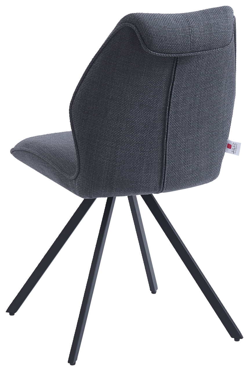 Moderner grauer Stuhl mit Stoffbezug und schwarzem Metallgestell, Rückansicht