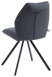 Moderner grauer Stuhl mit Stoffbezug und schwarzem Metallgestell, Rückansicht