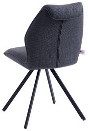 Moderne grijze stoel met stoffen bekleding en een zwart metalen frame, achteraanzicht