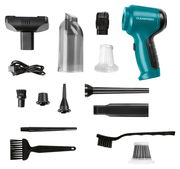 Akku-Zyklon-Handstaubsauger mit Zubehör, seitliche Perspektive