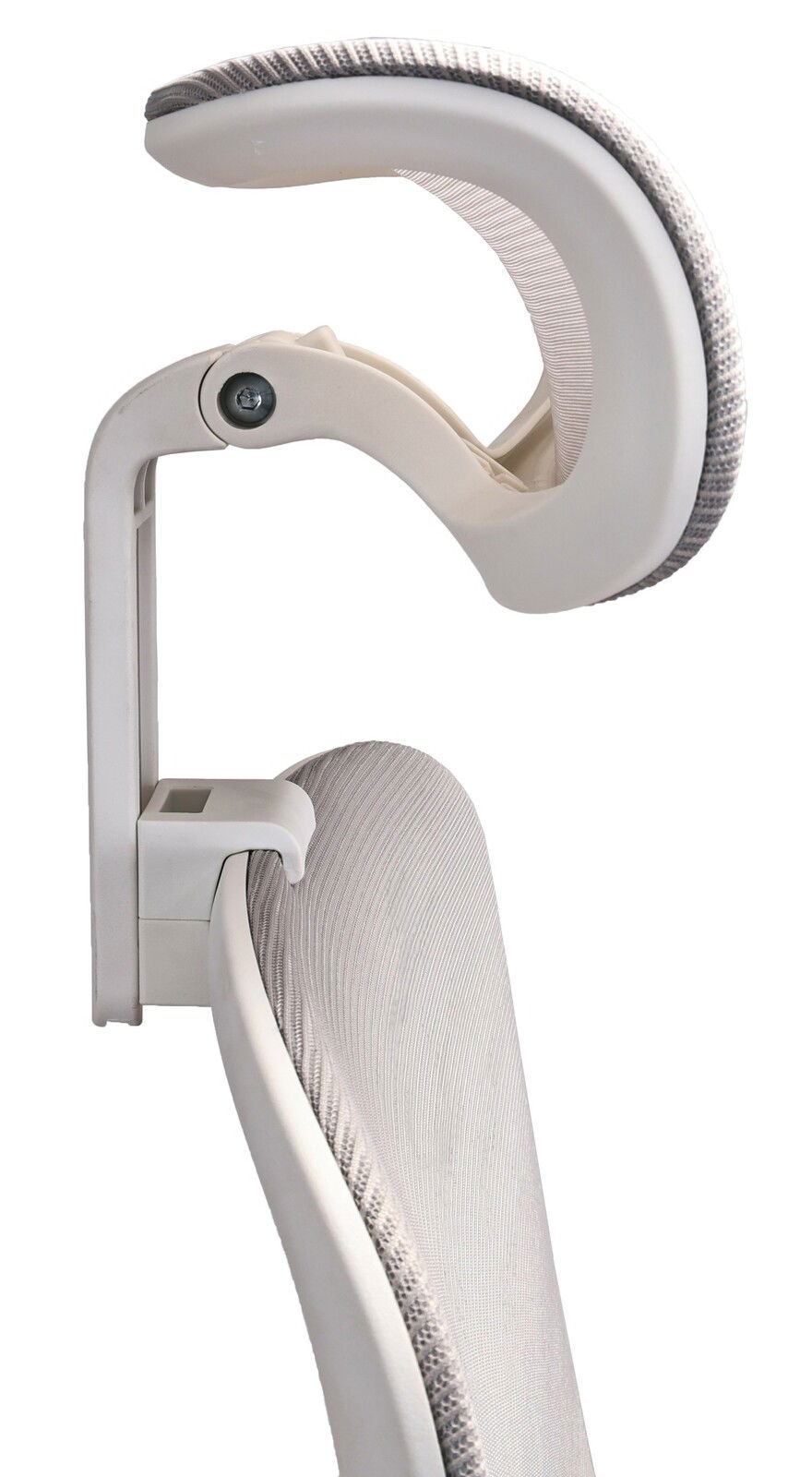 Seitliche Nahaufnahme einer verstellbaren Kopfstütze eines Drehstuhls in hellem Design.