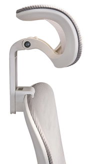 Seitliche Nahaufnahme einer verstellbaren Kopfstütze eines Drehstuhls in hellem Design.