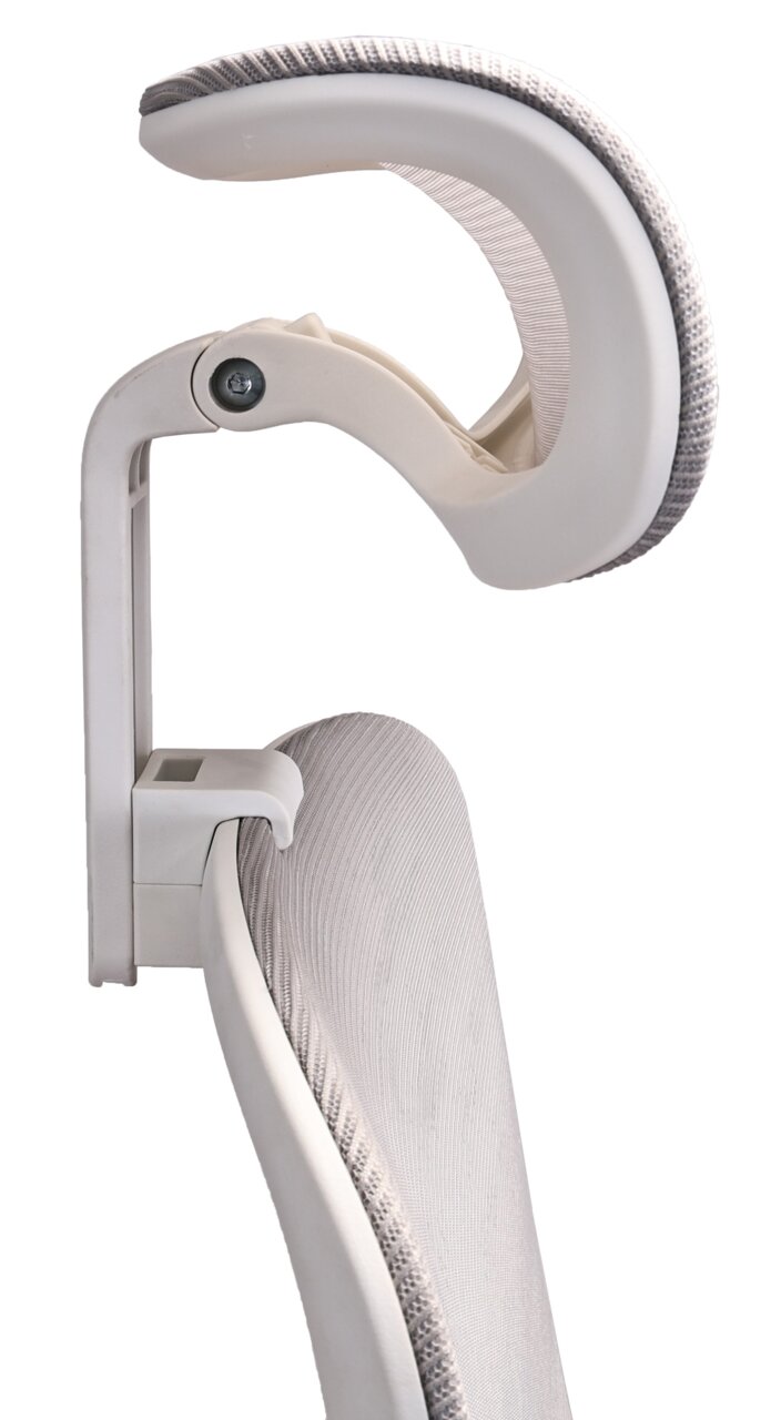 Seitliche Nahaufnahme einer verstellbaren Kopfstütze eines Drehstuhls in hellem Design.