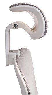 Seitliche Nahaufnahme einer verstellbaren Kopfstütze eines Drehstuhls in hellem Design.