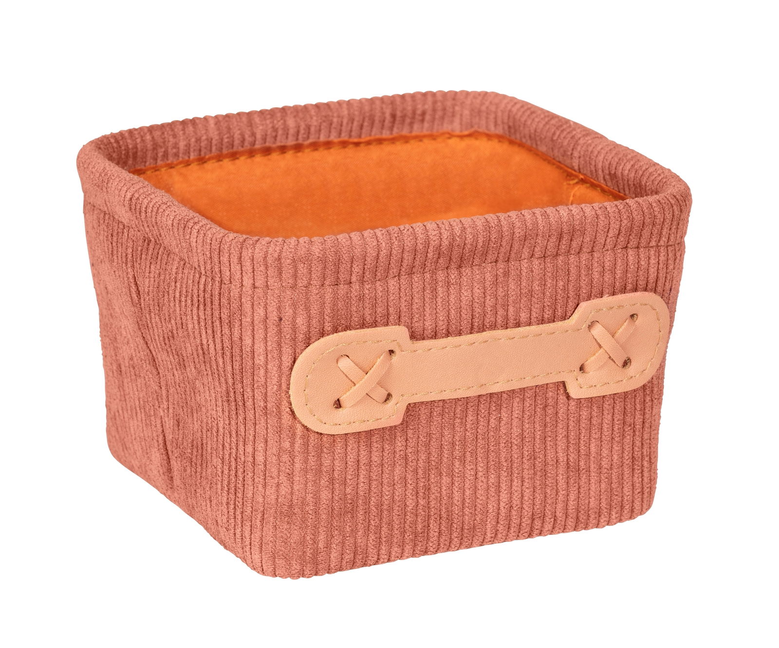 Wenko Badkorb ANELA Kleiner quadratischer Badkorb in Altrosa mit Kordstruktur und beigem Griff, Perspektive von schräg oben.