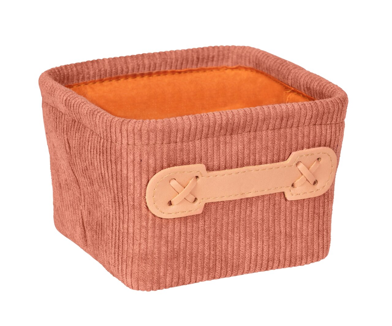 Kleiner quadratischer Badkorb in Altrosa mit Kordstruktur und beigem Griff, Perspektive von schräg oben.