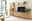 Moderne Wohnzimmer-Wandkombination aus Holz mit TV-Schrank, Vitrine und Regal, umgeben von Pflanzen, aus seitlicher Perspektive.